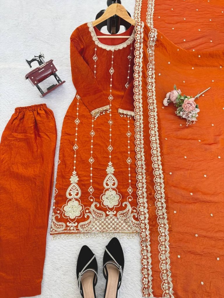 Orange fendy silk thread with sequence top, pant and dupatta set