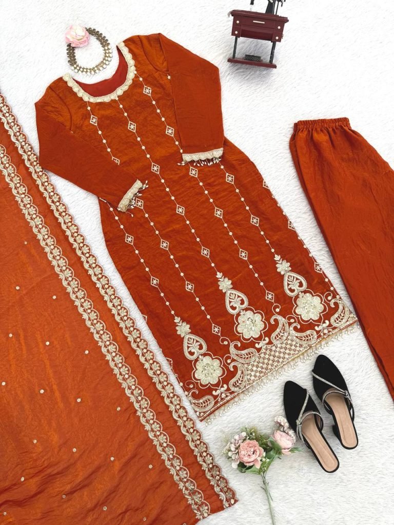 Orange fendy silk thread with sequence top, pant and dupatta set