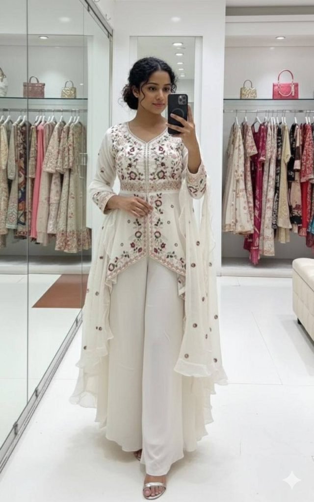 Cream rangoli silk sequence embroidery top, pant dupatta set