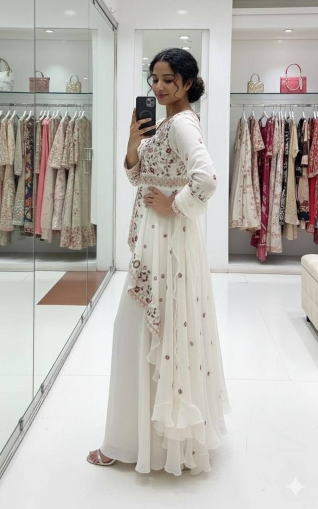 Cream rangoli silk sequence embroidery top, pant dupatta set