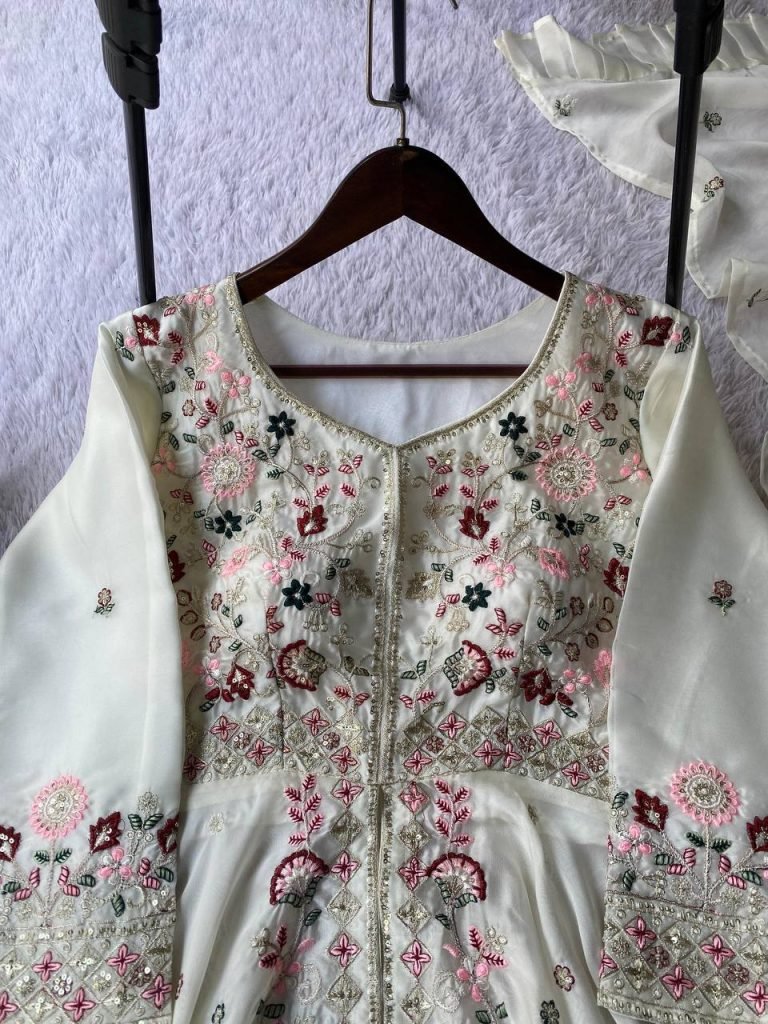 Cream rangoli silk sequence embroidery top, pant dupatta set