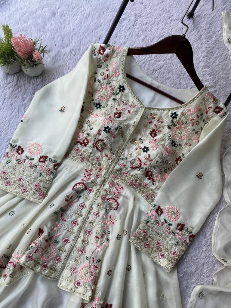 Cream rangoli silk sequence embroidery top, pant dupatta set