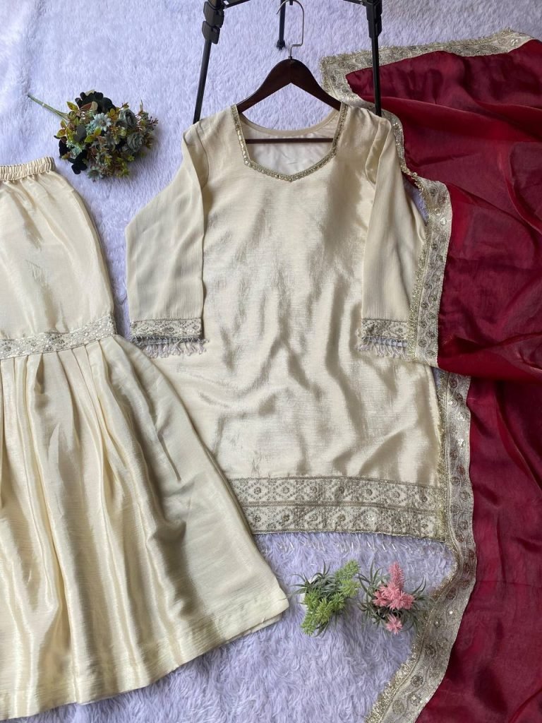 Beige chinon silk sequence embroidery work top, sharara and dupatta set