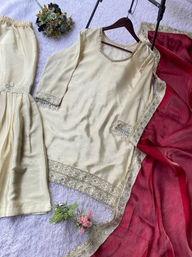 Beige chinon silk sequence embroidery work top, sharara and dupatta set