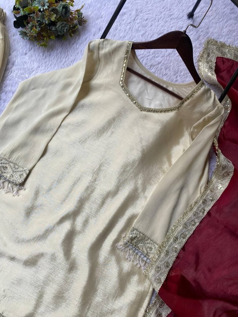 Beige chinon silk sequence embroidery work top, sharara and dupatta set