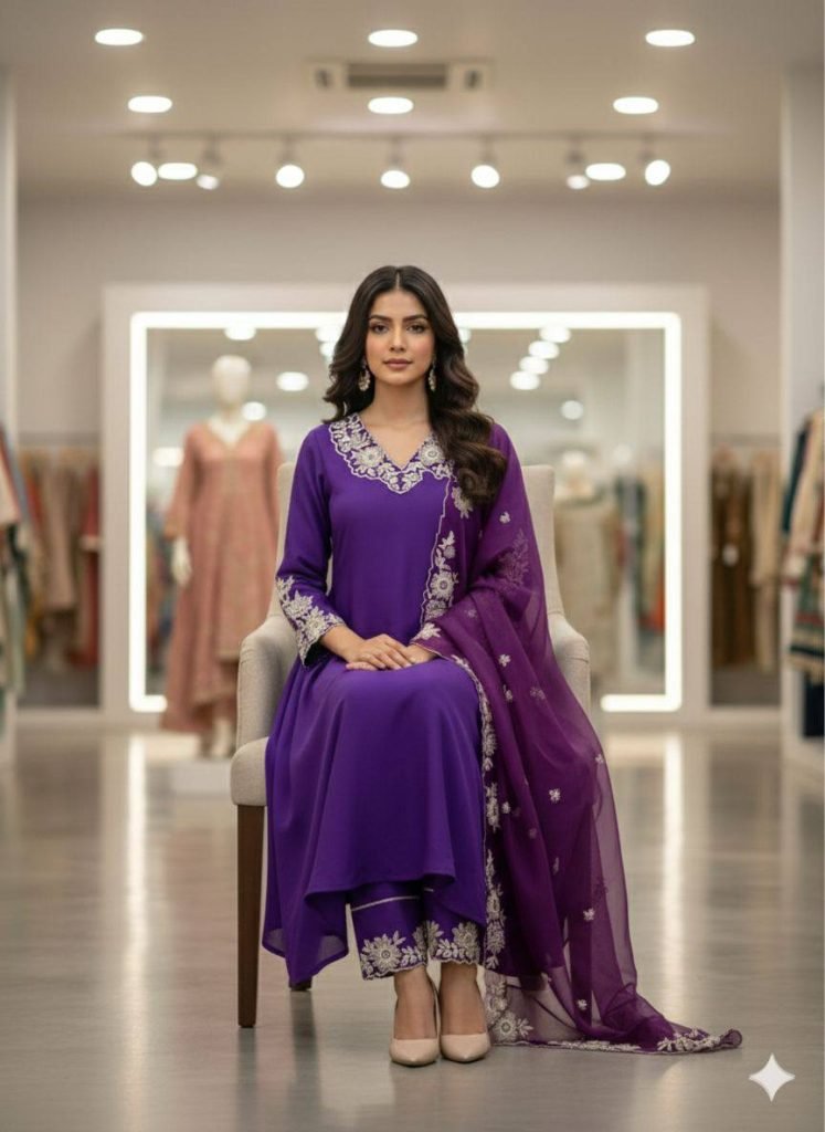Purple roman silk embroidery work top, pant and dupatta set
