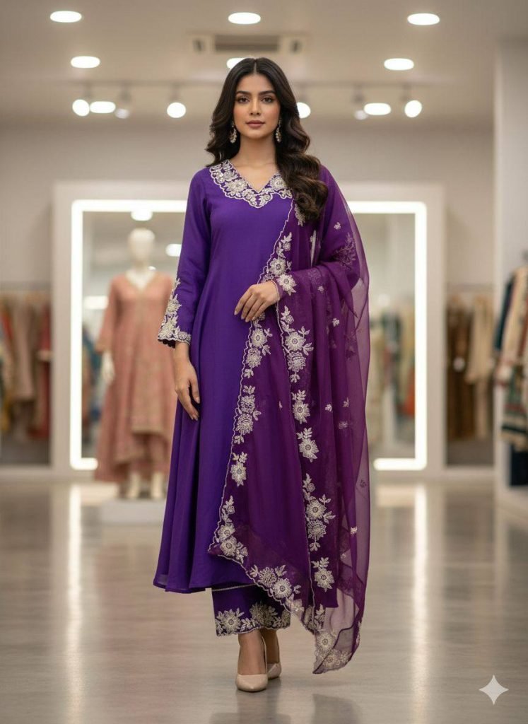 Purple roman silk embroidery work top, pant and dupatta set