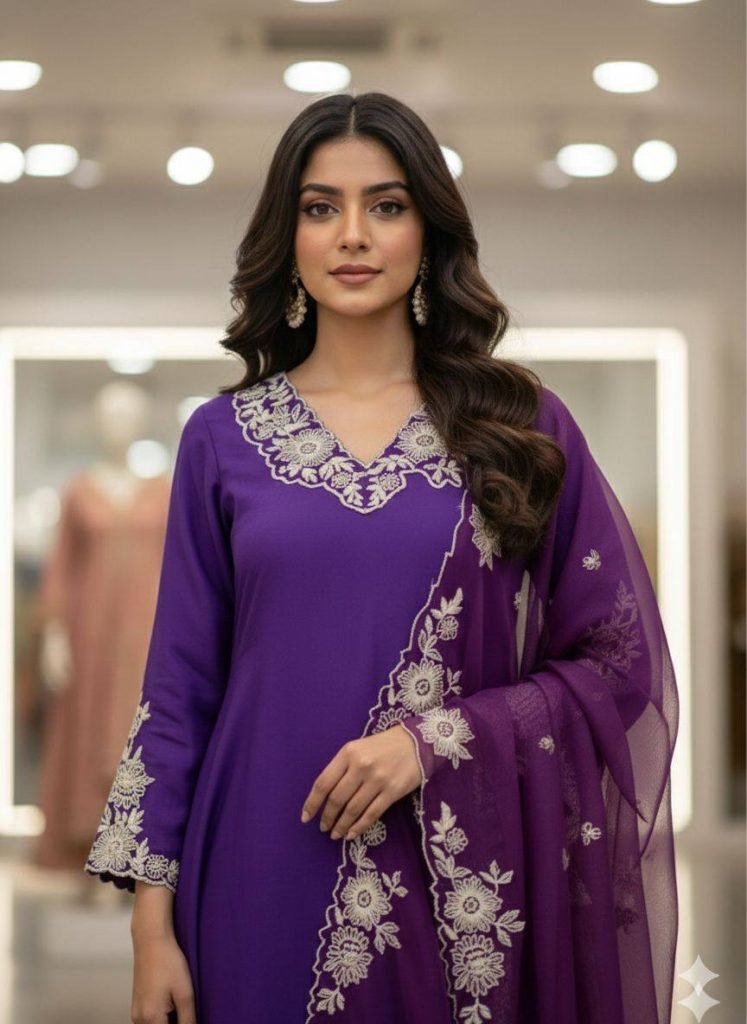 Purple roman silk embroidery work top, pant and dupatta set