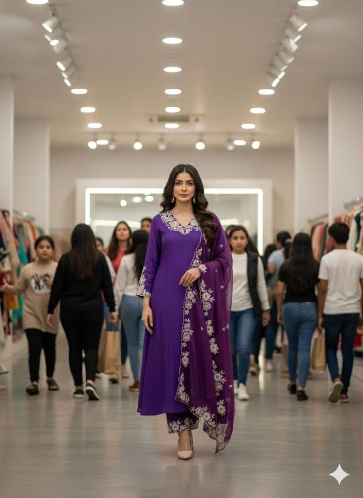 Purple roman silk embroidery work top, pant and dupatta set