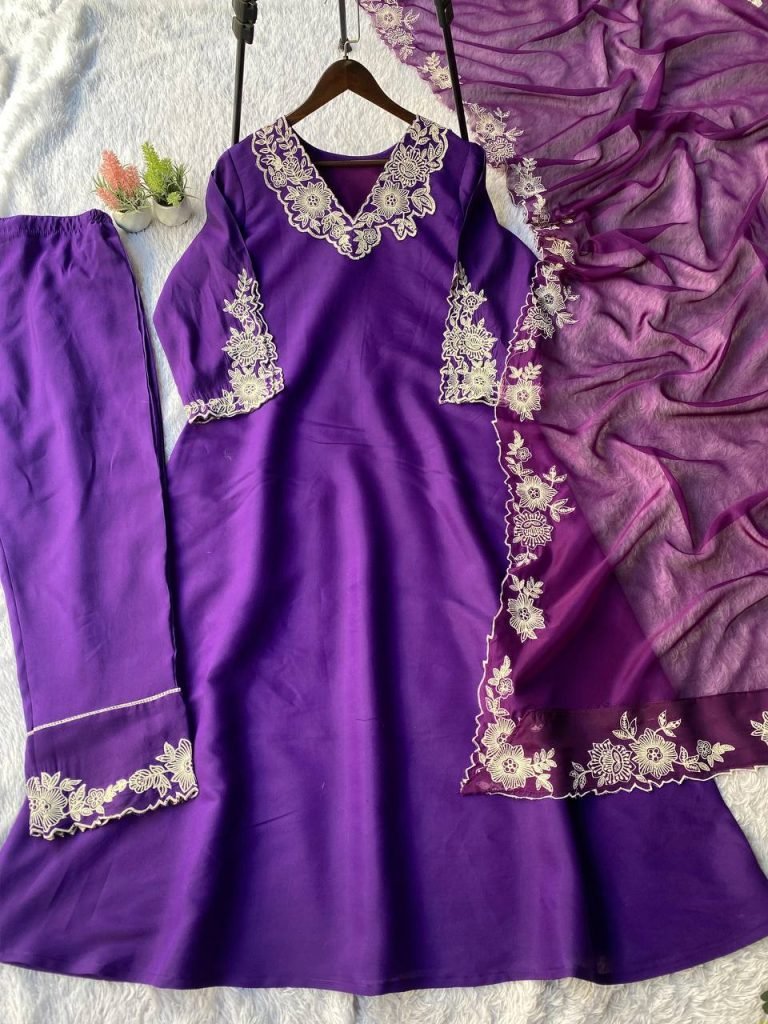 Purple roman silk embroidery work top, pant and dupatta set