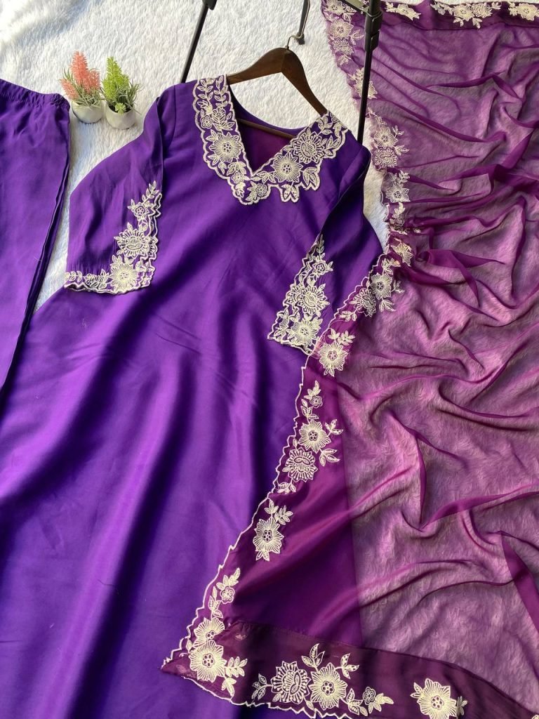 Purple roman silk embroidery work top, pant and dupatta set