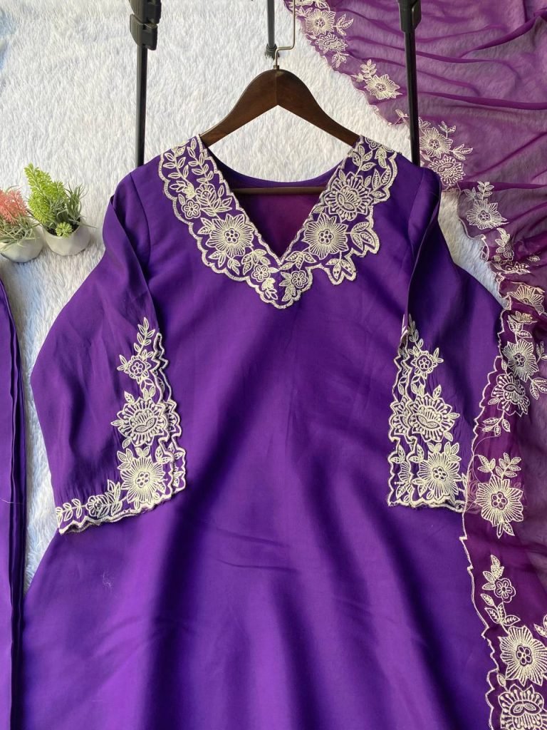 Purple roman silk embroidery work top, pant and dupatta set