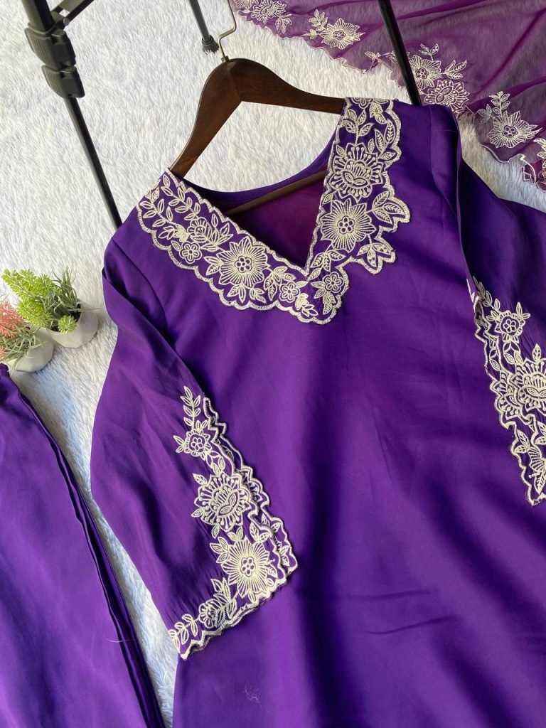 Purple roman silk embroidery work top, pant and dupatta set