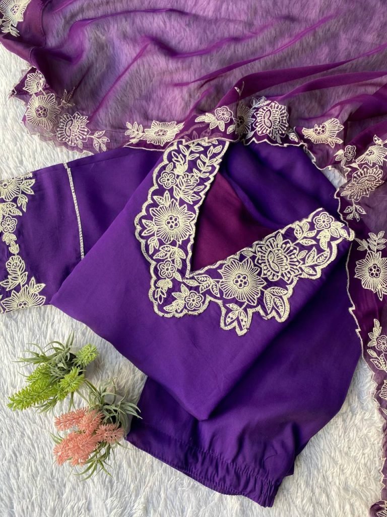 Purple roman silk embroidery work top, pant and dupatta set