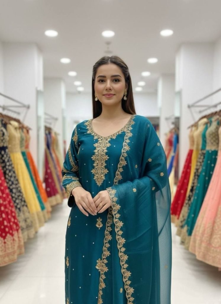 Blue zimmy choo sequence embroidery with beads top, palazzo and dupatta