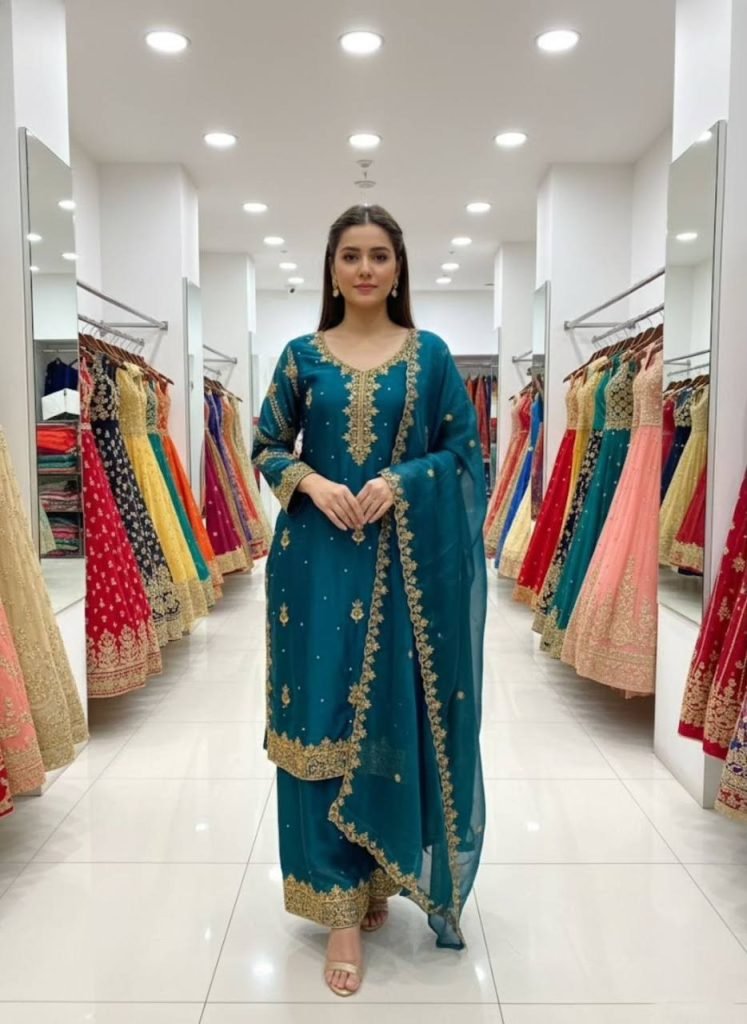 Blue zimmy choo sequence embroidery with beads top, palazzo and dupatta