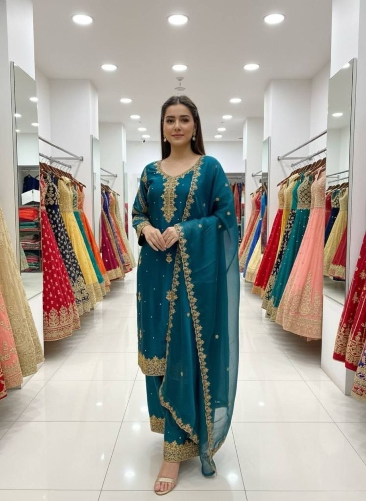Blue zimmy choo sequence embroidery with beads top, palazzo and dupatta