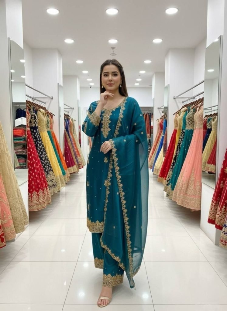 Blue zimmy choo sequence embroidery with beads top, palazzo and dupatta