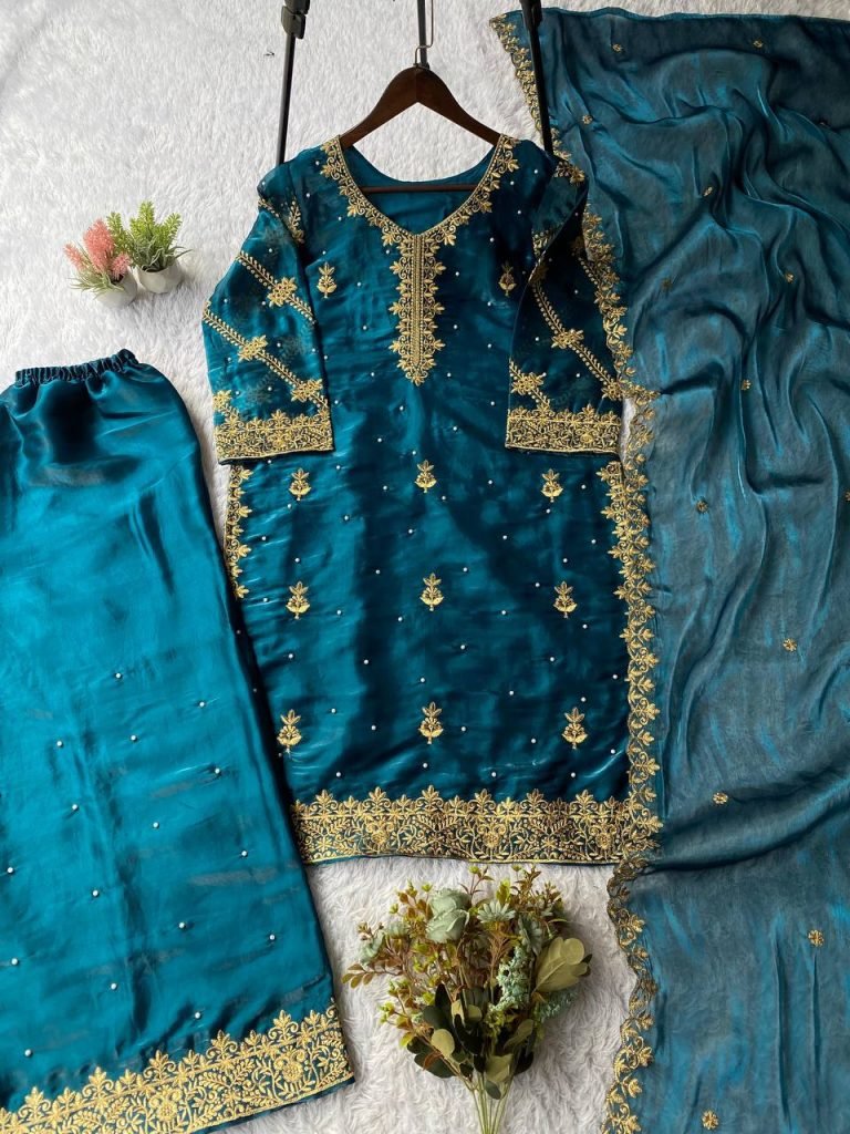 Blue zimmy choo sequence embroidery with beads top, palazzo and dupatta