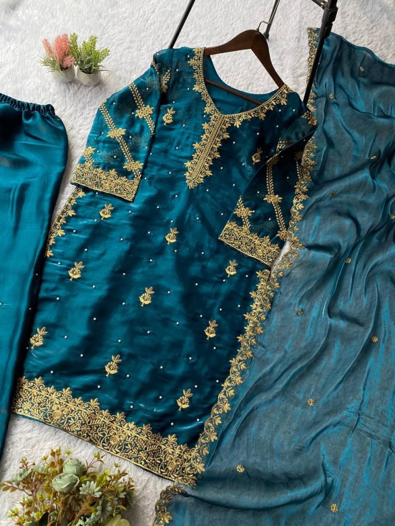 Blue zimmy choo sequence embroidery with beads top, palazzo and dupatta