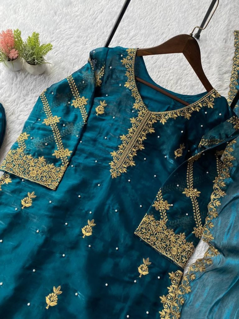 Blue zimmy choo sequence embroidery with beads top, palazzo and dupatta
