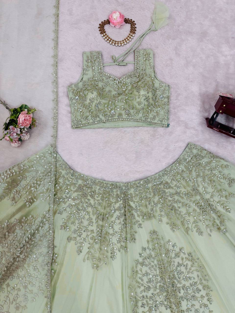 Soft net pista green colour lehenga choli set
