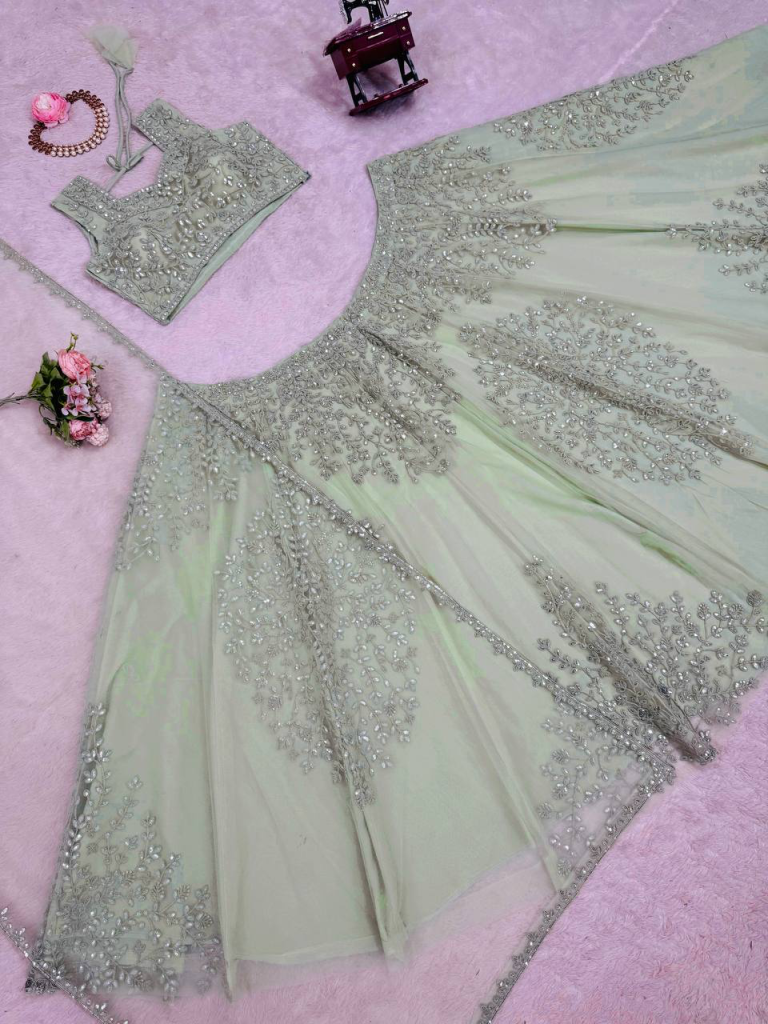 Soft net pista green colour lehenga choli set