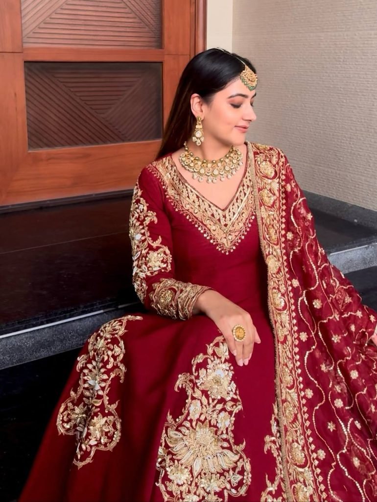 Royal Ruby Faux Georgette Embroidered Anarkali Set with Pant and Lace Border Dupatta