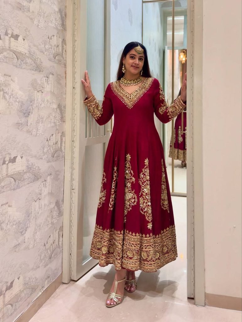 Royal Ruby Faux Georgette Embroidered Anarkali Set with Pant and Lace Border Dupatta