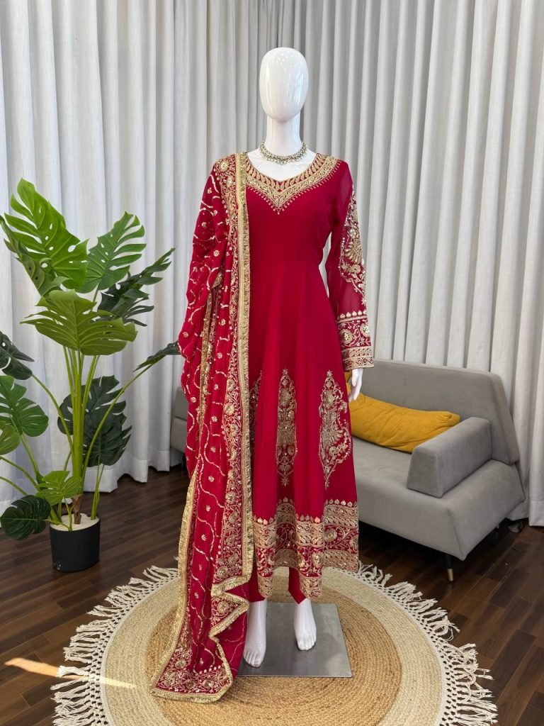 Royal Ruby Faux Georgette Embroidered Anarkali Set with Pant and Lace Border Dupatta