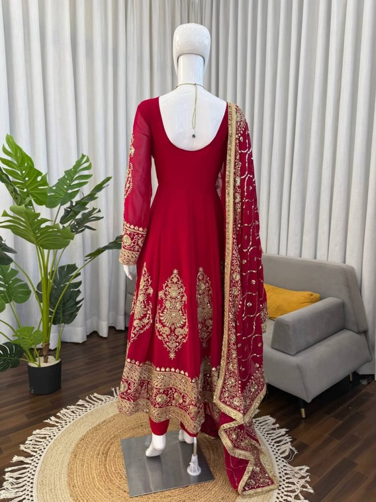 Royal Ruby Faux Georgette Embroidered Anarkali Set with Pant and Lace Border Dupatta