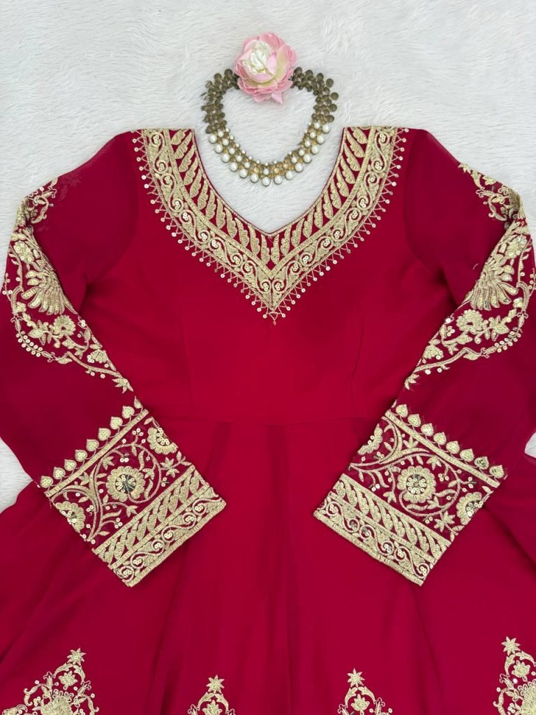 Royal Ruby Faux Georgette Embroidered Anarkali Set with Pant and Lace Border Dupatta