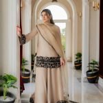 Almond Blush Natural Crepe Thread Work Top and Pant Set with Organza Silk Dupatta