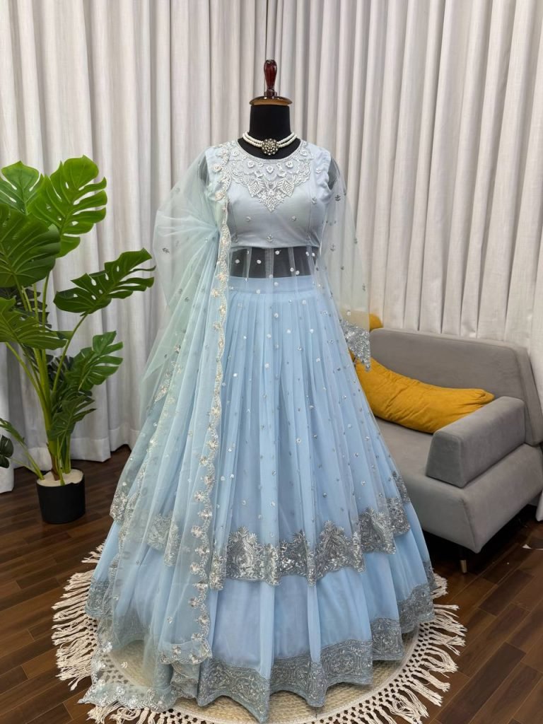 Moonlite Sand Faux Georgette Gown and Lehenga Set with Seqences and Butterfly Net Dupatta