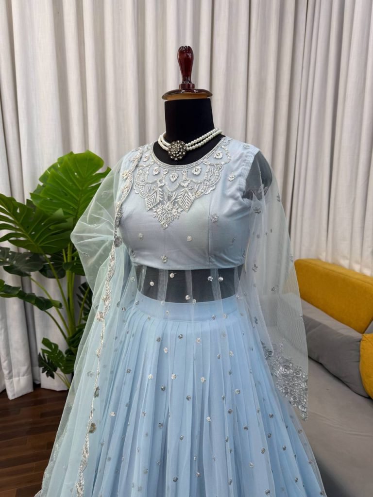 Moonlite Sand Faux Georgette Gown and Lehenga Set with Seqences and Butterfly Net Dupatta