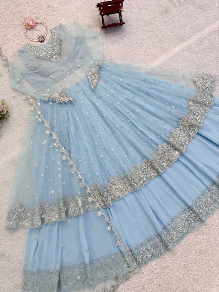 Moonlite Sand Faux Georgette Gown and Lehenga Set with Seqences and Butterfly Net Dupatta