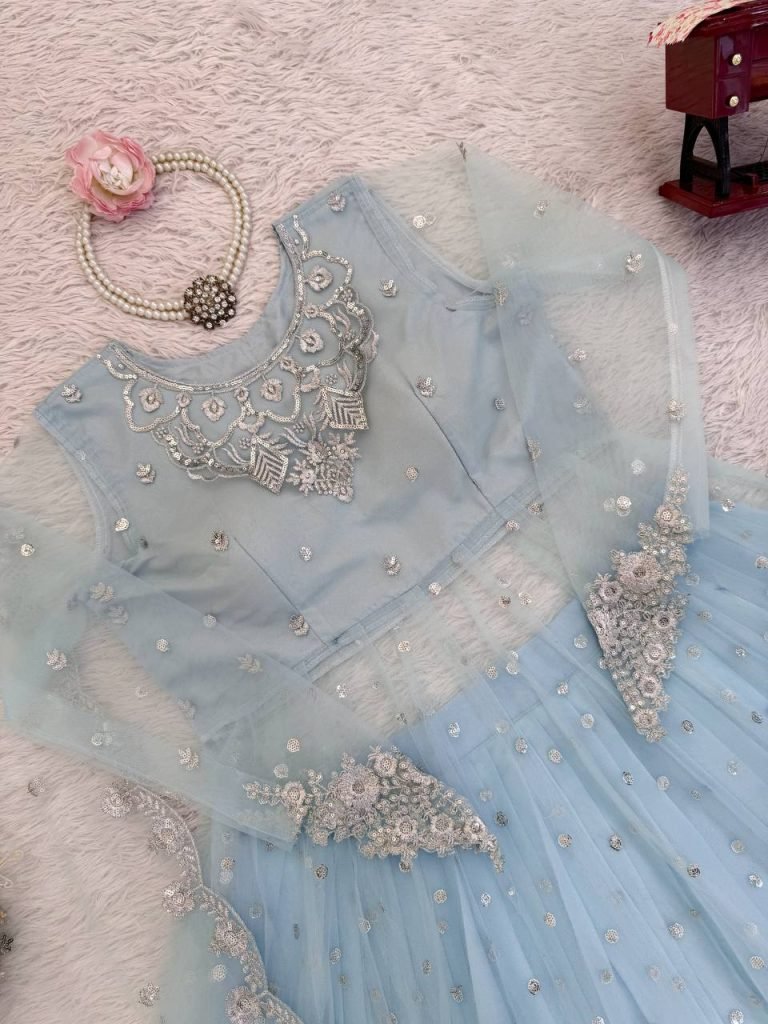 Moonlite Sand Faux Georgette Gown and Lehenga Set with Seqences and Butterfly Net Dupatta