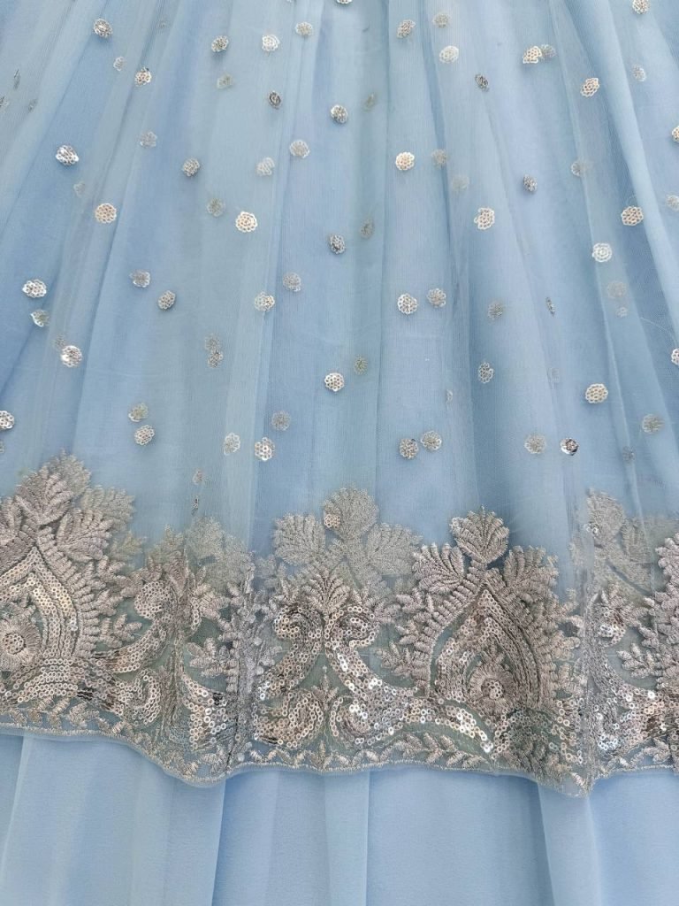 Moonlite Sand Faux Georgette Gown and Lehenga Set with Seqences and Butterfly Net Dupatta