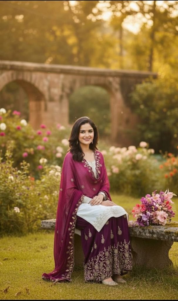 Wine Rose Zmy Silk Embroidered Party Sharara Suit Set with Dupatta