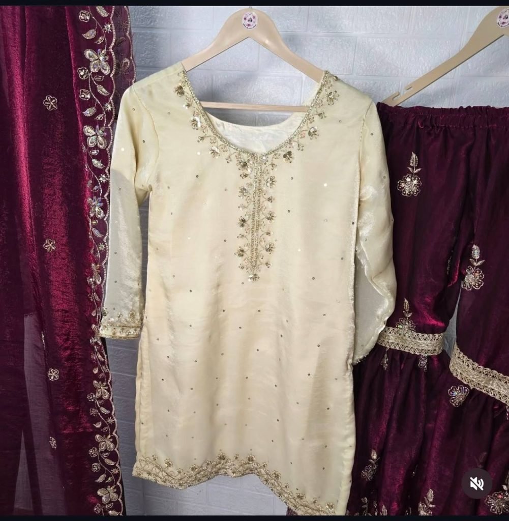 Wine Rose Zmy Silk Embroidered Party Sharara Suit Set with Dupatta