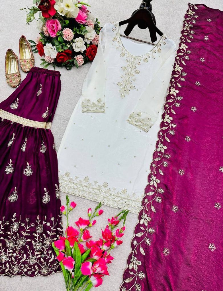 Wine Rose Zmy Silk Embroidered Party Sharara Suit Set with Dupatta