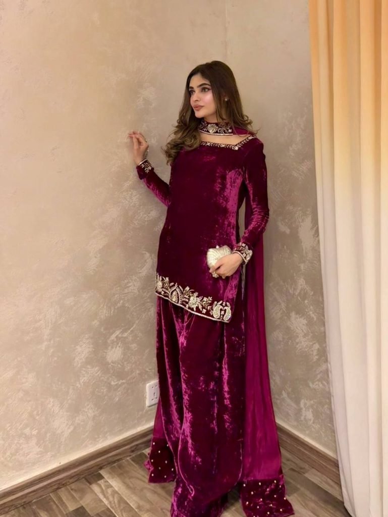 Berry Wine Viscose Velvet Embroidered Sharara Set with Pearl Work Dupatta