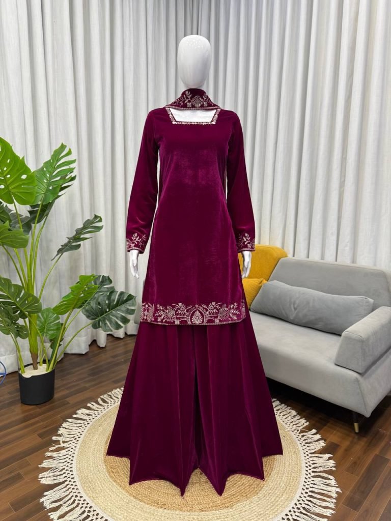 Berry Wine Viscose Velvet Embroidered Sharara Set with Pearl Work Dupatta