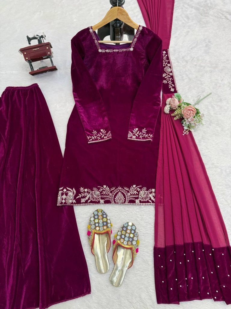 Berry Wine Viscose Velvet Embroidered Sharara Set with Pearl Work Dupatta