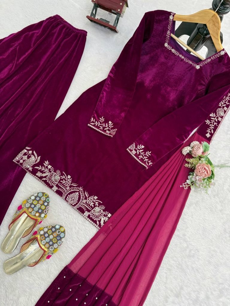 Berry Wine Viscose Velvet Embroidered Sharara Set with Pearl Work Dupatta