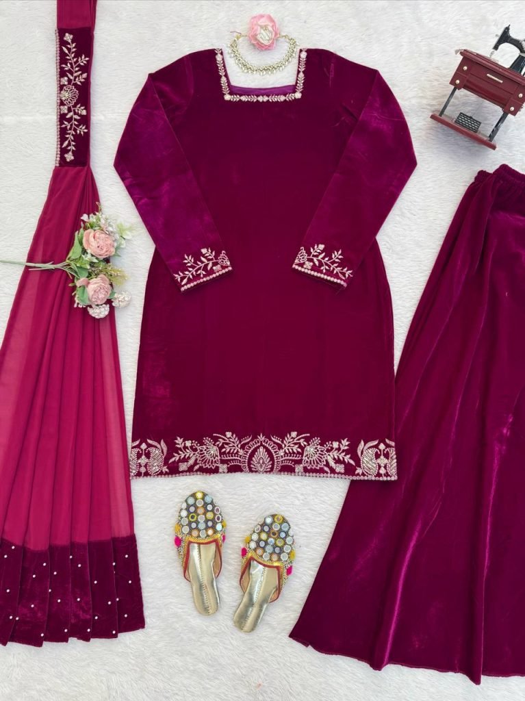 Berry Wine Viscose Velvet Embroidered Sharara Set with Pearl Work Dupatta