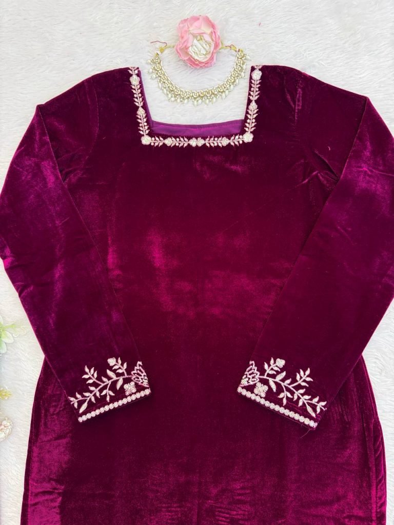 Berry Wine Viscose Velvet Embroidered Sharara Set with Pearl Work Dupatta