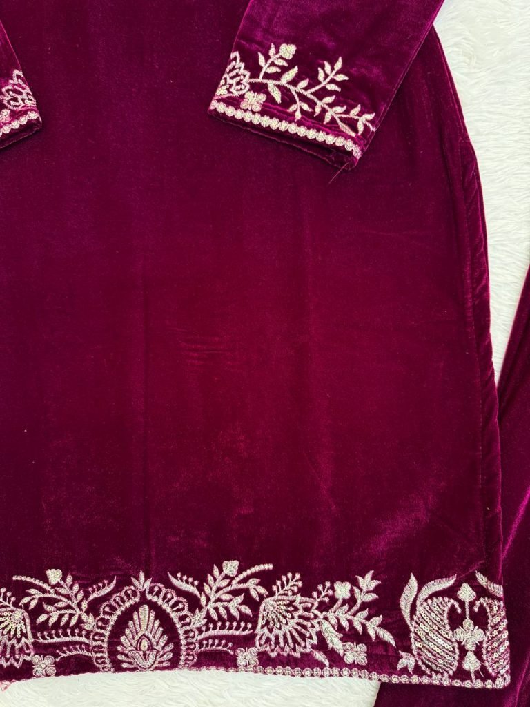 Berry Wine Viscose Velvet Embroidered Sharara Set with Pearl Work Dupatta