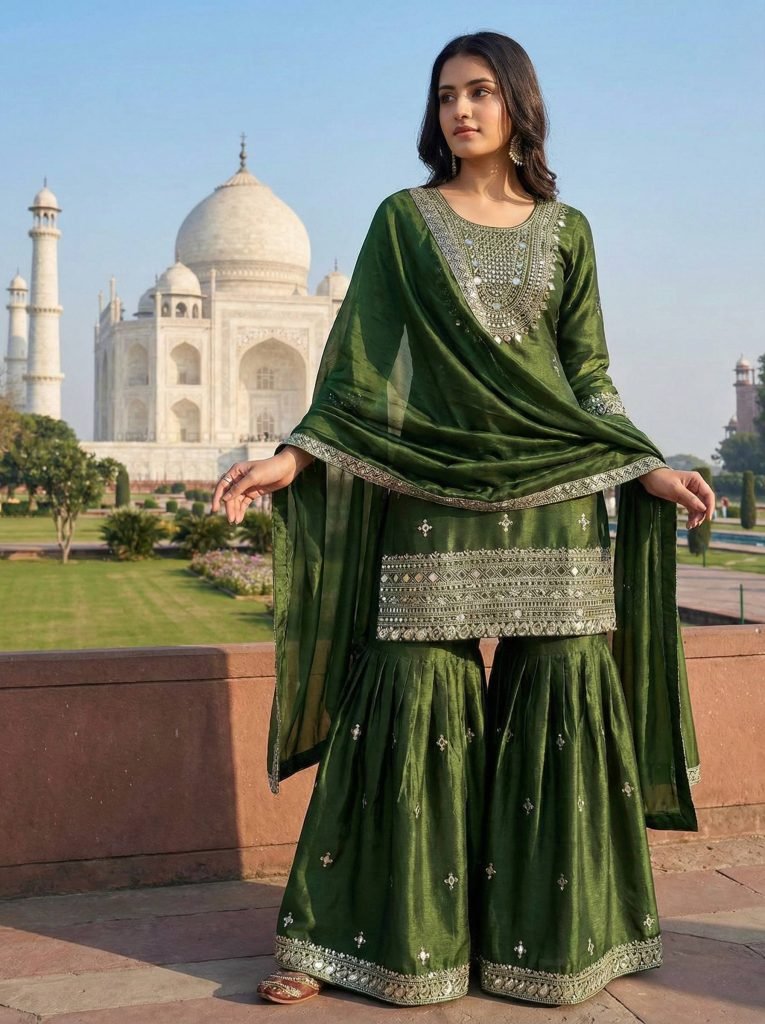 Olive Green GMY Silk Embroidered Sharara Set with Mirror Work and Lace Border Dupatta