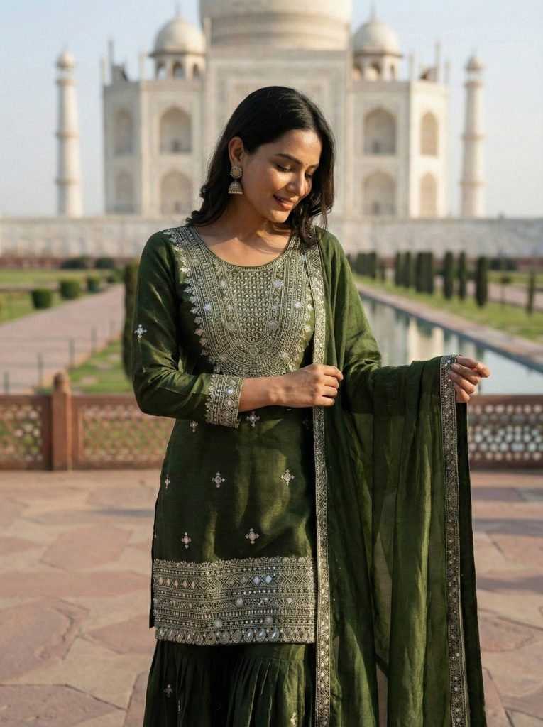 Olive Green GMY Silk Embroidered Sharara Set with Mirror Work and Lace Border Dupatta